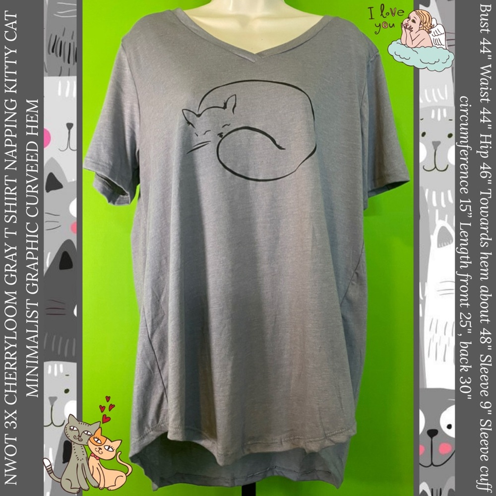 NWOT 3X CHERRYLOOM GRAY T SHIRT NAPPING KITTY CAT MINIMALIST GRAPHIC CURVEED HEM